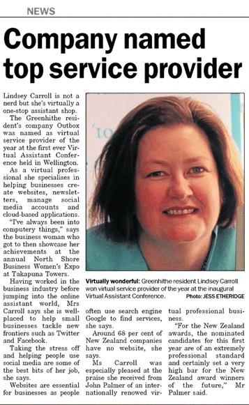 Lindsey Carroll, Outbox Ltd, named top VA in NZ - North Shore Times article, Auckland